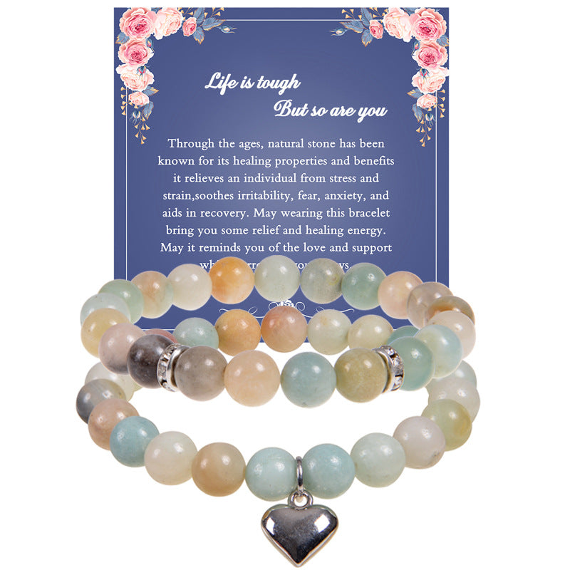 Wholesale 8mm Natural Stone Beaded Heart Set Bracelet